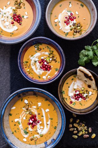 Moroccan Butternut Squash Goat Cheese Soup with Coconut Ginger Cream Pistachios